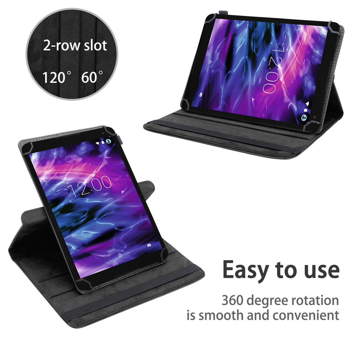 Tablet im Case, drehbar, mit Text: 360-Grad-Drehung ist sanft und bequem.