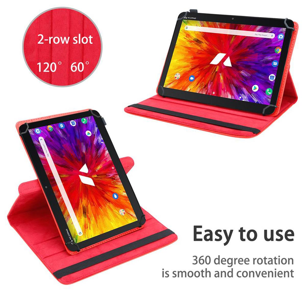 Zwei Tablets in roten Hüllen, mit rotem und weißem Logo auf rotem Bildschirm. Die Uhrzeit ist 10:10.