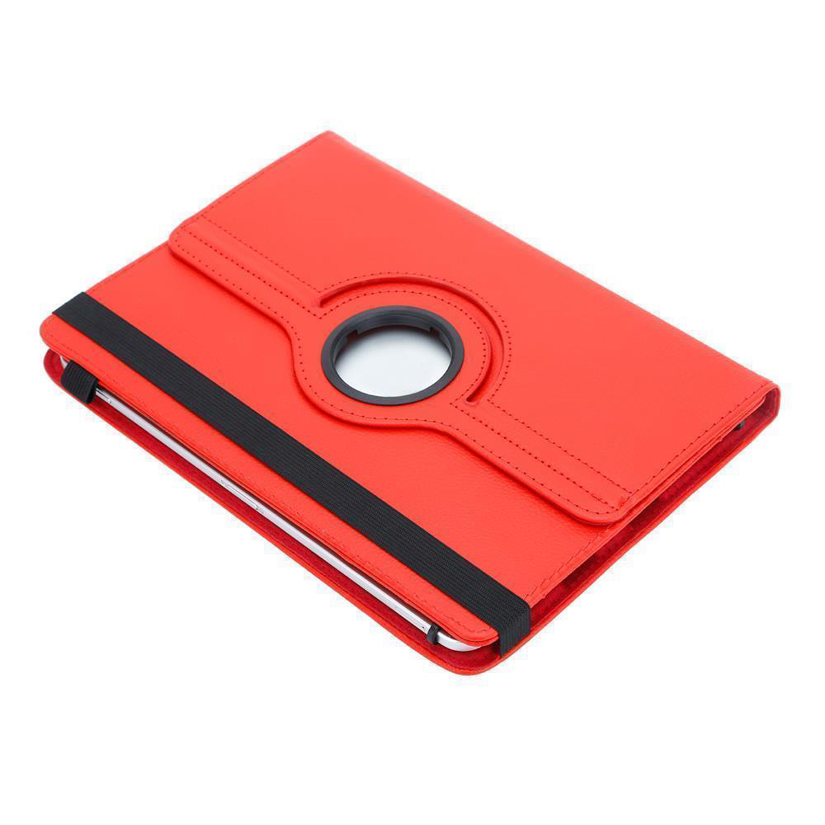 Eine rote Tablethülle mit schwarzem Gummiband und einem kreisförmigen Kamera Loch.