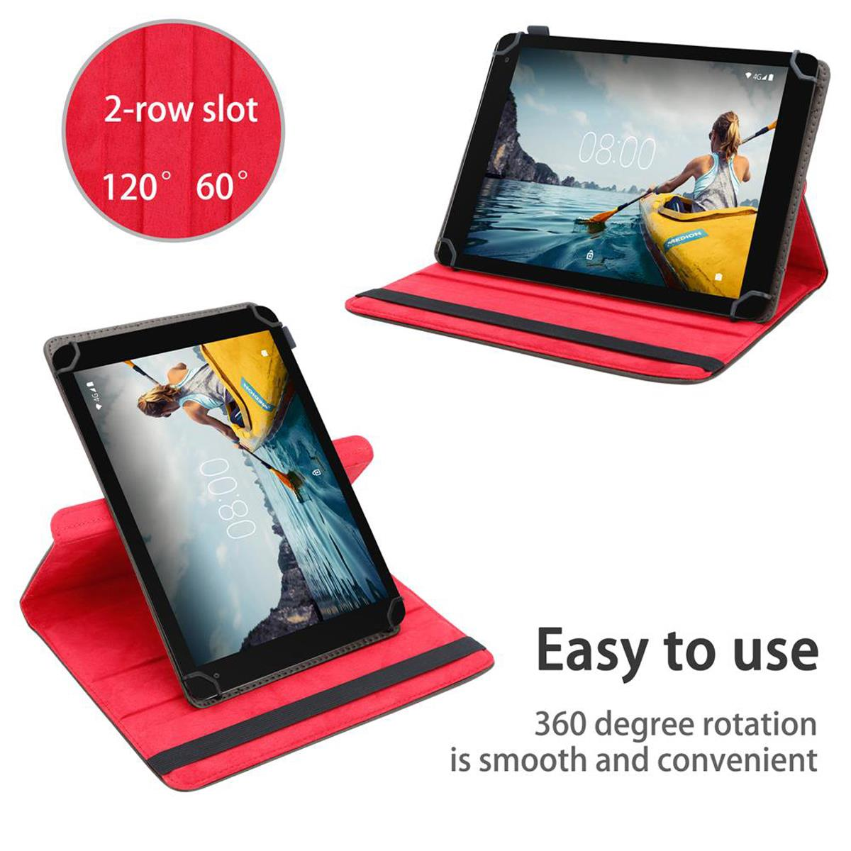 Tablet in custodia rossa, due viste. Schermo mostra donna in kayak. Testo: Facile da usare, rotazione 360 gradi.