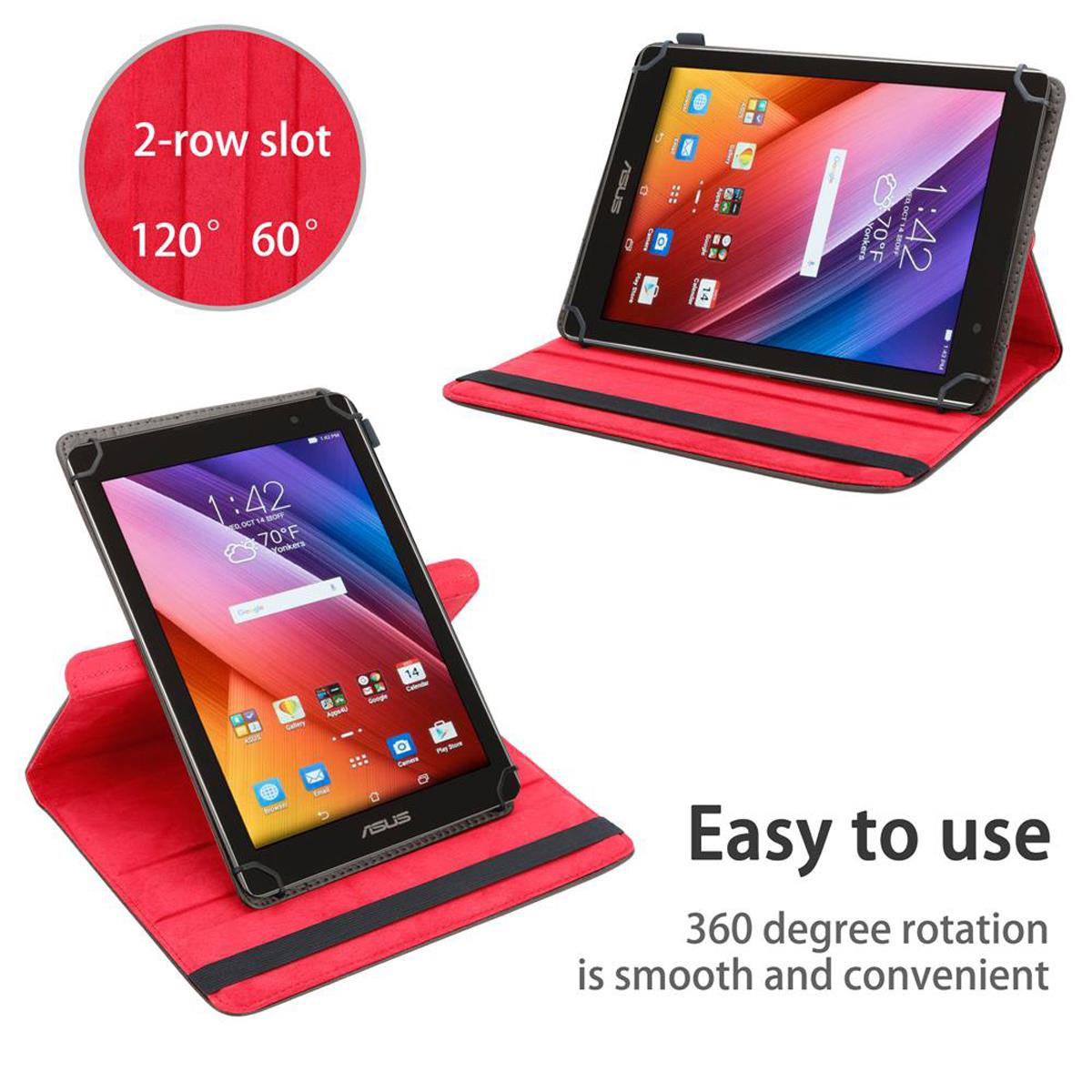 Tablets in roten Hüllen mit unterschiedlichen Bildschirmanzeigen. Text: Einfach zu bedienen.
