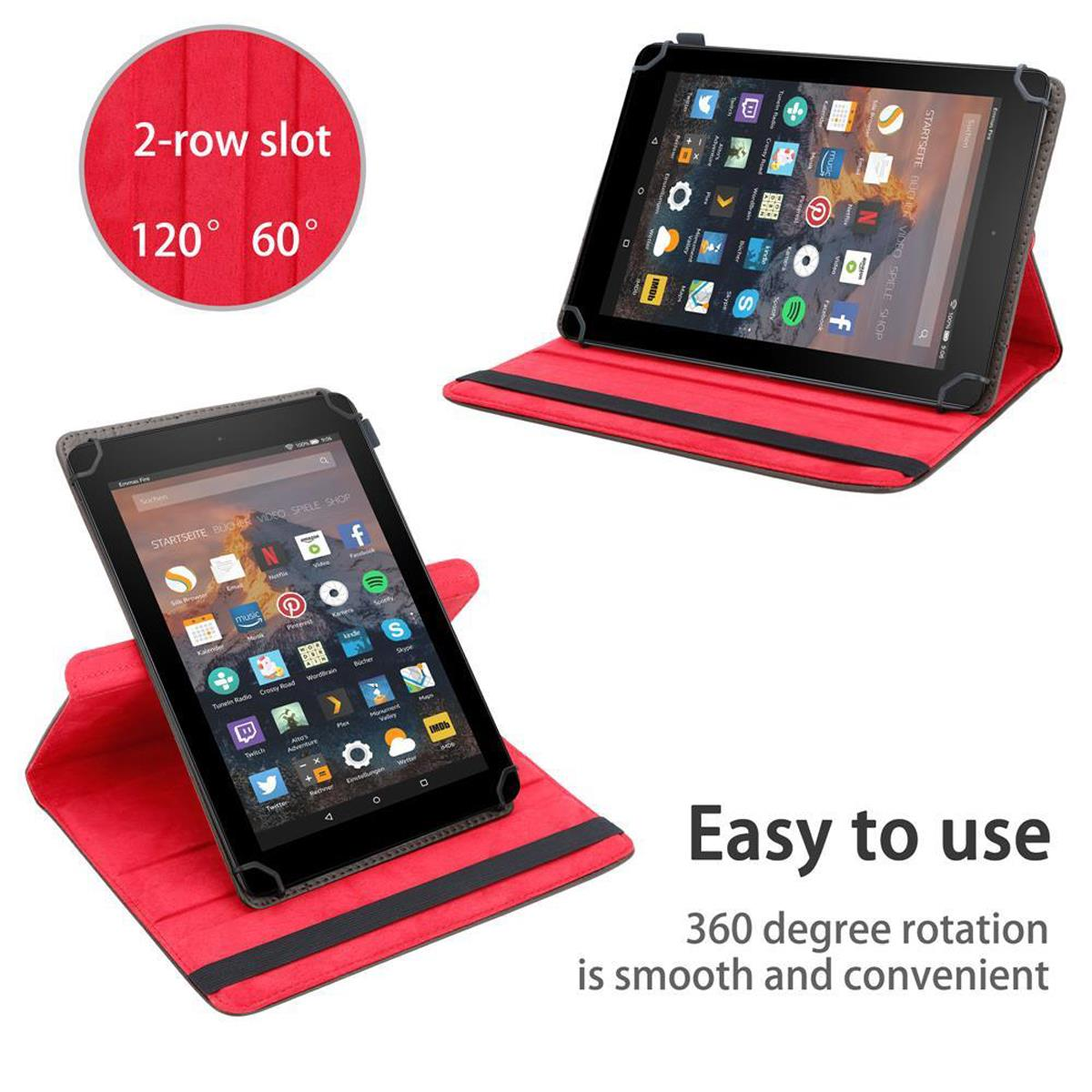Rote Tablet-Hülle mit aufgestelltem Tablet. Text: Einfach zu bedienen, 360 Grad Drehung, 2-reihiger Schlitz.