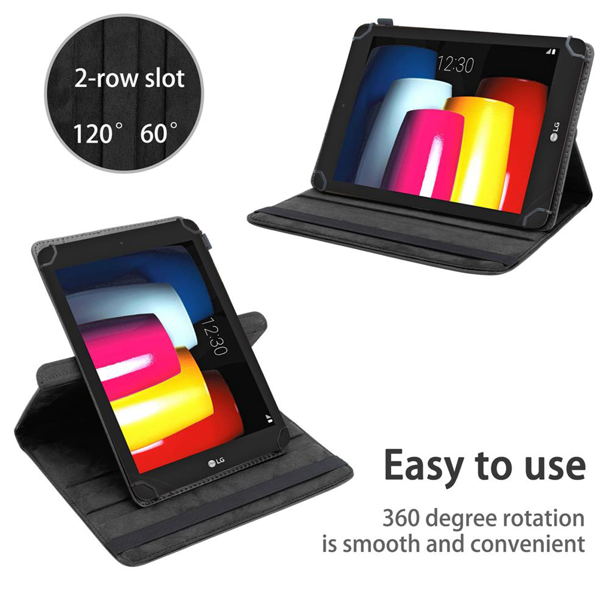 Ein Tablet in einem Gehäuse, in zwei Positionen dargestellt, mit Text über einfache Bedienung und 360-Grad-Drehung.