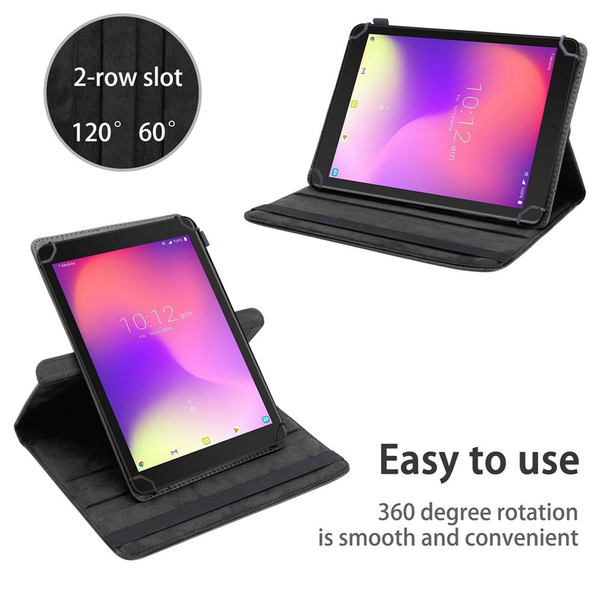 Zwei Tablets in Hüllen, zeigen verschiedene Blickwinkel, mit Text: 120°, 60°, 30°.