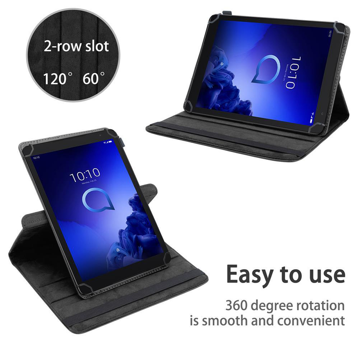 Zwei Tablets in einem Gehäuse, die eine 360-Grad-Drehung zeigen. Das Gehäuse ist dunkelgrau.