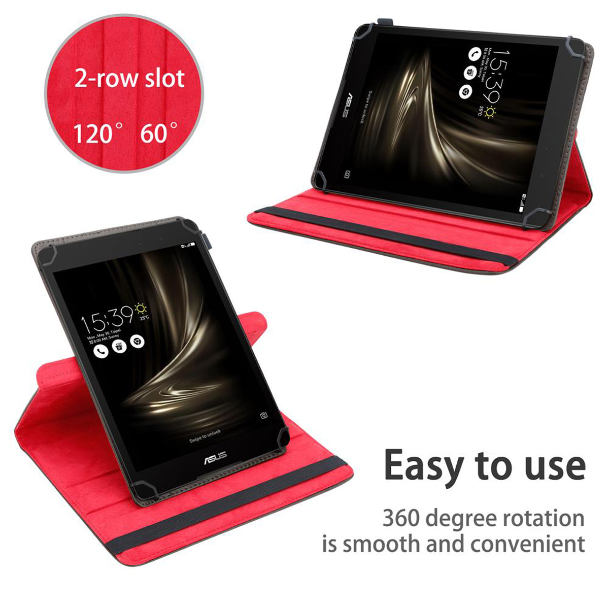 Zwei Tablets in roten Hüllen, eines zeigt Zeit, mit 'Easy to use' Text und 360° Drehung.