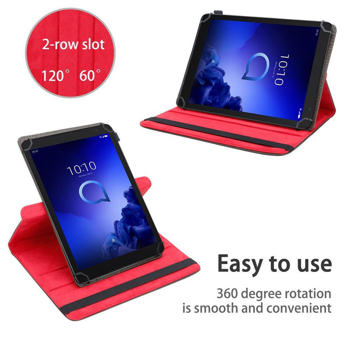 Zwei Tablets in roten Hüllen, mit Text über Drehung und Benutzerfreundlichkeit.