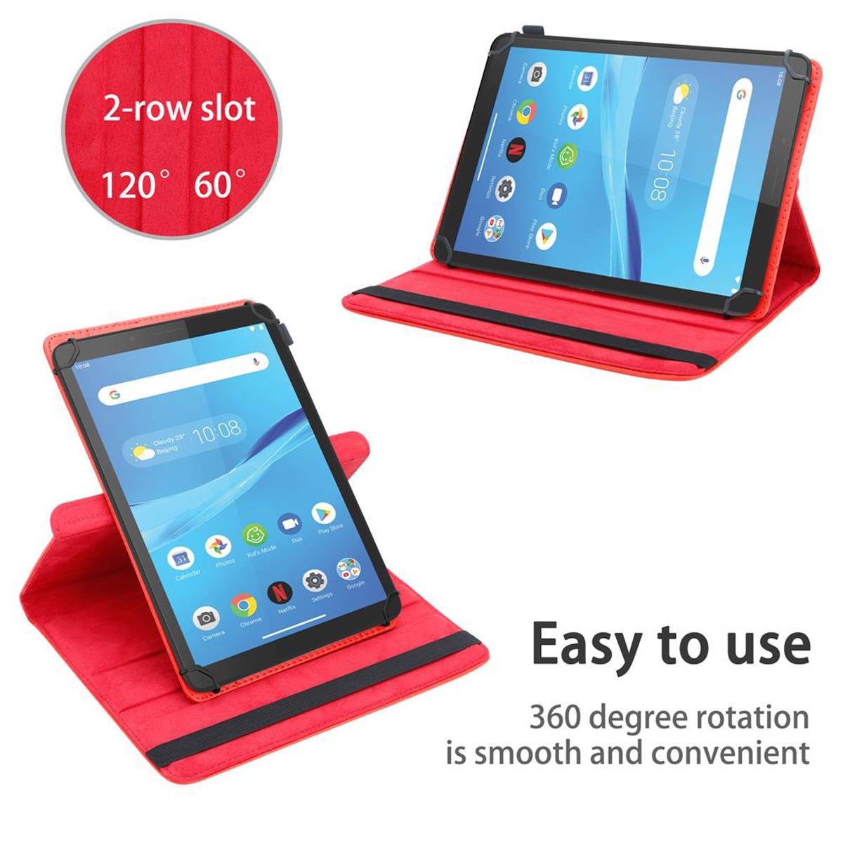 Zwei Tablets in roten Hüllen. Eines ist offen und abgewinkelt, das andere flach. Roter Kreis mit Text.
