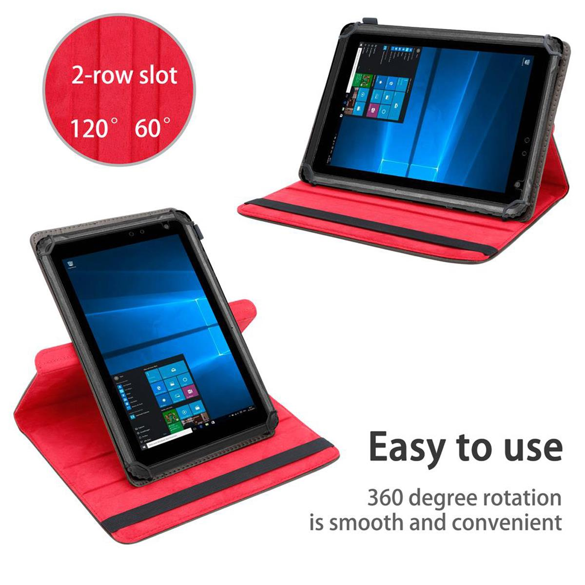Zwei Tablets in roten Hüllen mit schwarzem Rahmen werden präsentiert. Eines ist geöffnet und zeigt eine Windows-Oberfläche. Text: Einfach zu bedienen.