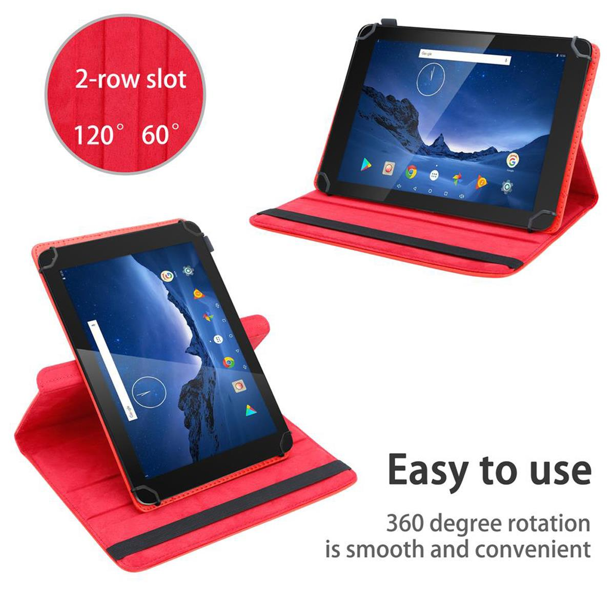 Tablet in roter Hülle, zwei Ansichten. Bildschirm zeigt Symbole. Text: Einfach zu bedienen, 360-Grad-Drehung.