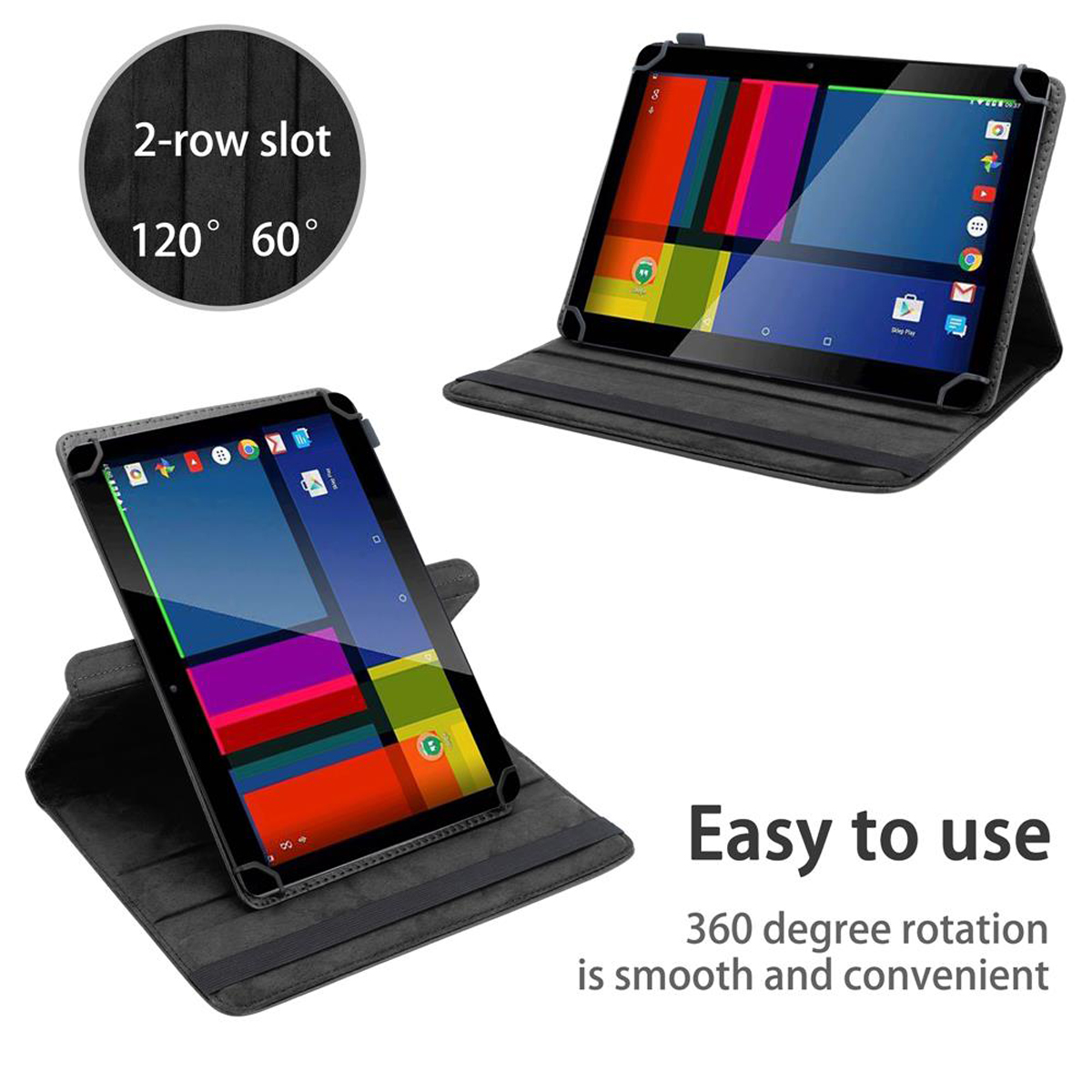 Zwei Tablets in Hüllen, eines zeigt 120/60 Grad Drehung, das andere einfache Bedienung.