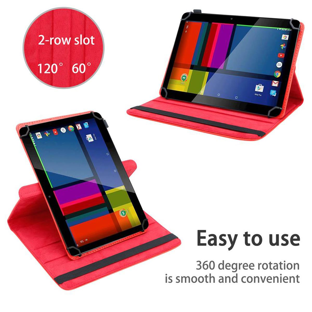 Rote Tablet-Hülle mit Tablet in zwei Positionen. Merkmale sind 360-Grad-Drehung und einfache Bedienung.