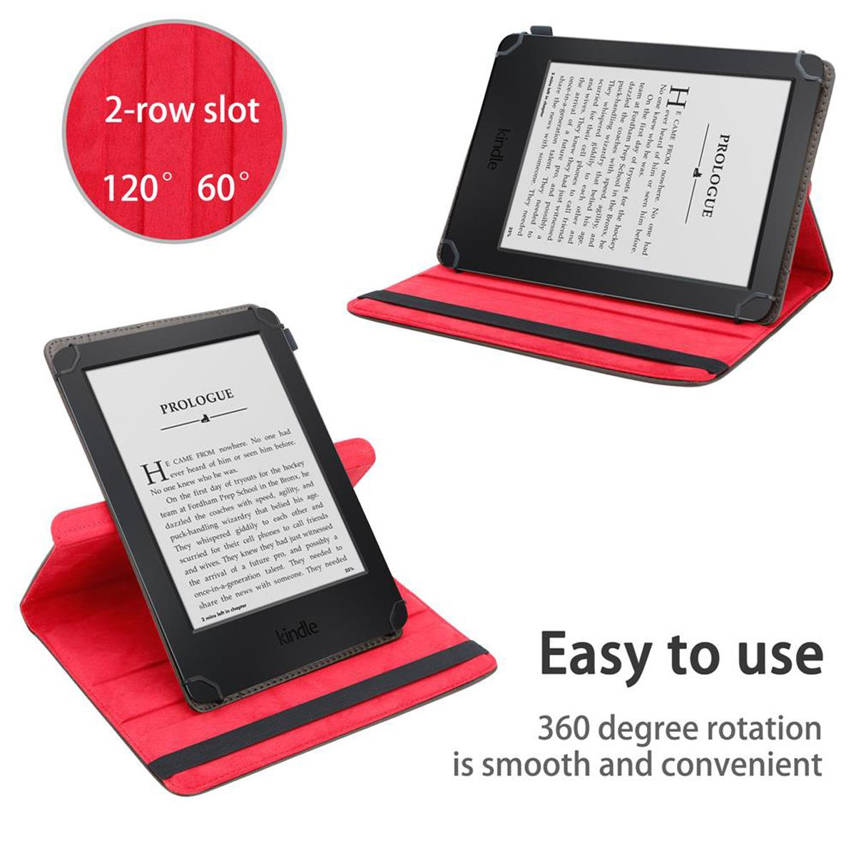 Lector electrónico Kindle en una funda roja. Fácil de usar, rotación 360 suave y conveniente.