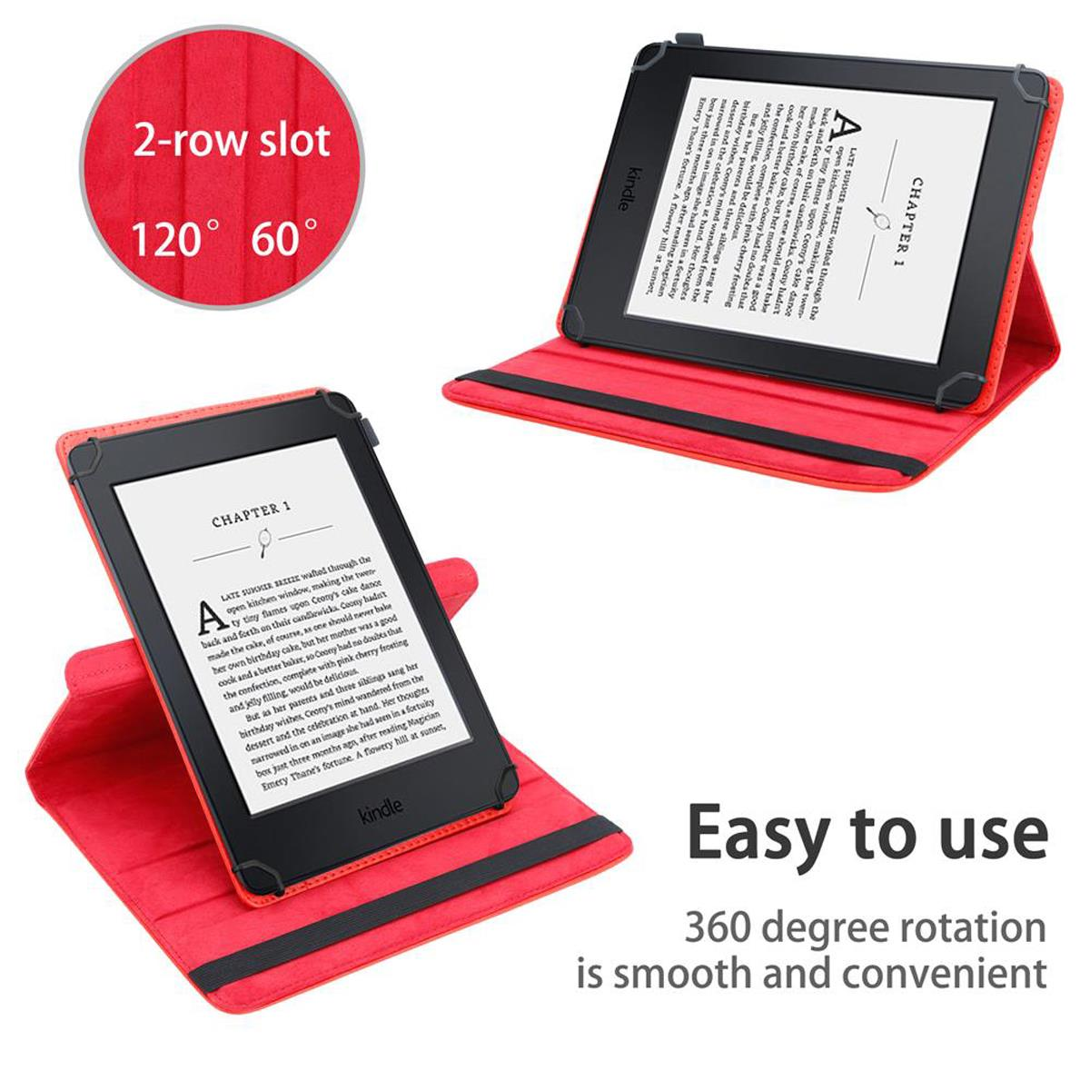 Due custodie Kindle rosse aperte con un Kindle all'interno. Il testo dice 'Facile da usare'.