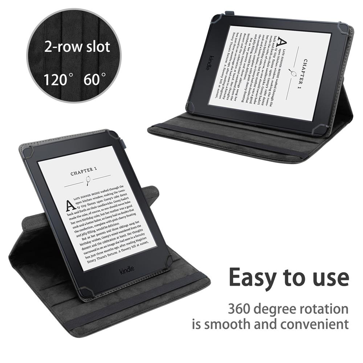 Due Kindle in custodie grigie, uno ruotato, sfondo bianco.