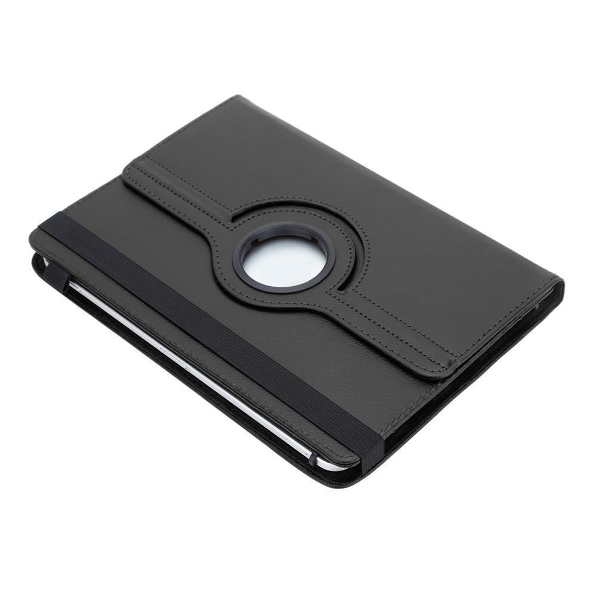 Una custodia per tablet grigio scuro con un ritaglio circolare e una fascia elastica nera. È chiusa.