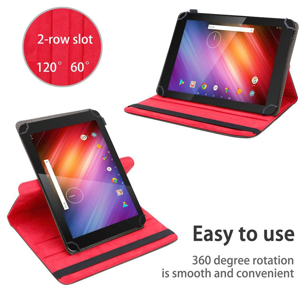 Zwei Tablets in roten Hüllen, gedreht. Eines zeigt den Startbildschirm. Text: Einfach zu bedienen. 360° Drehung.