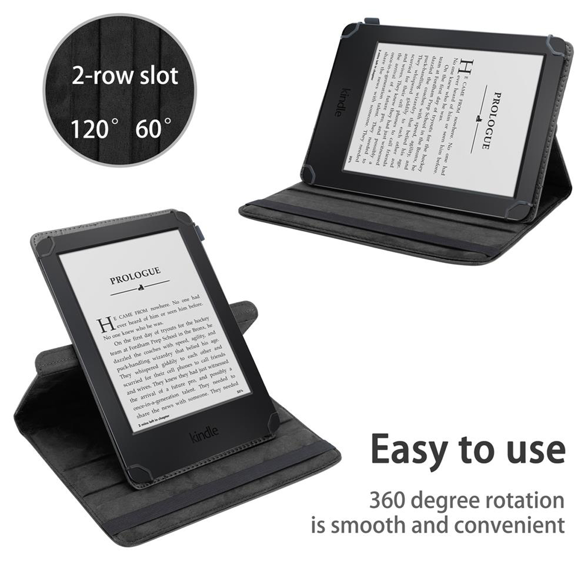 Dos lectores electrónicos Kindle en fundas. Uno abierto, mostrando texto. Uno cerrado. Texto: 'Fácil de usar'.
