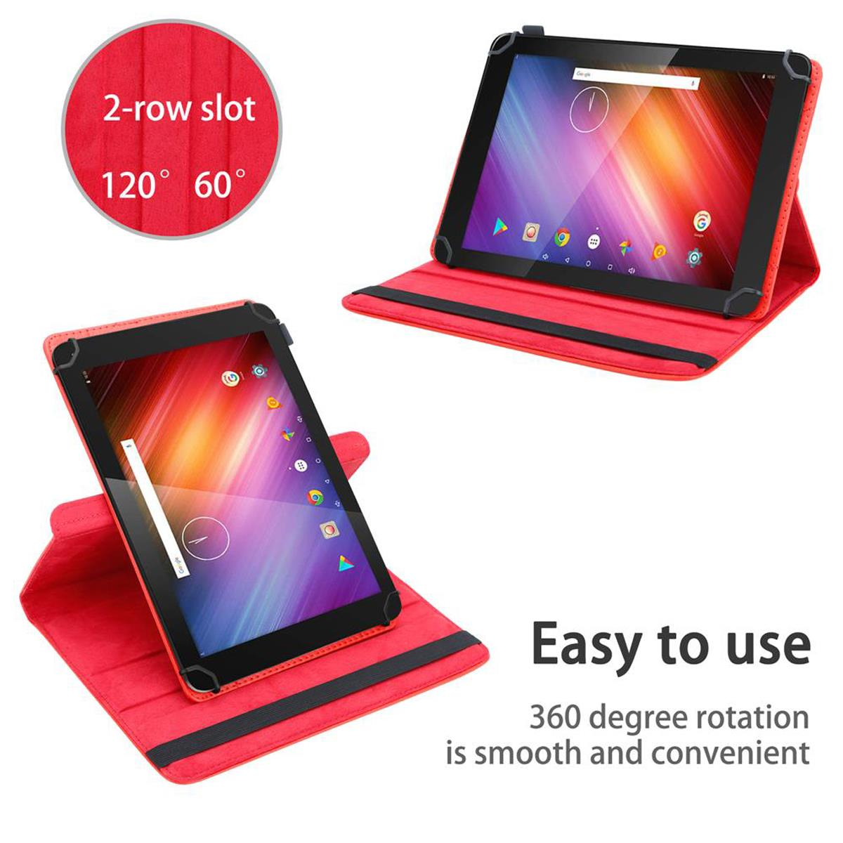 Zwei Tablets in roten Hüllen, mit dem Text '2-reihiger Schlitz' und 'Einfach zu bedienen'.