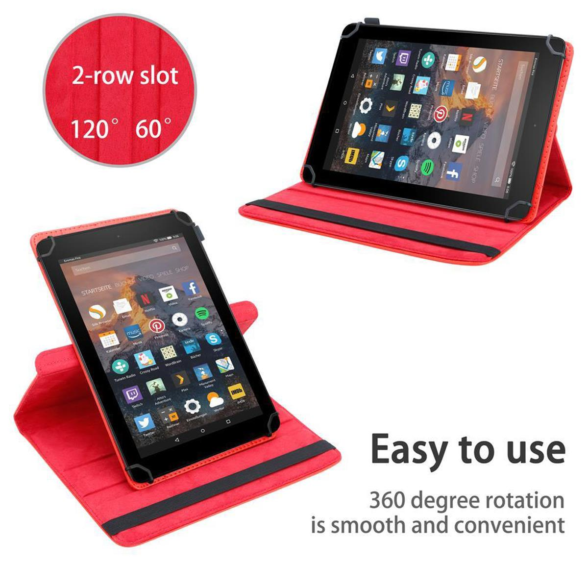 Rote Tablethülle mit Tablets. Tablets zeigen Apps an. Text lautet 'Einfach zu bedienen'. Zwei Tablets.