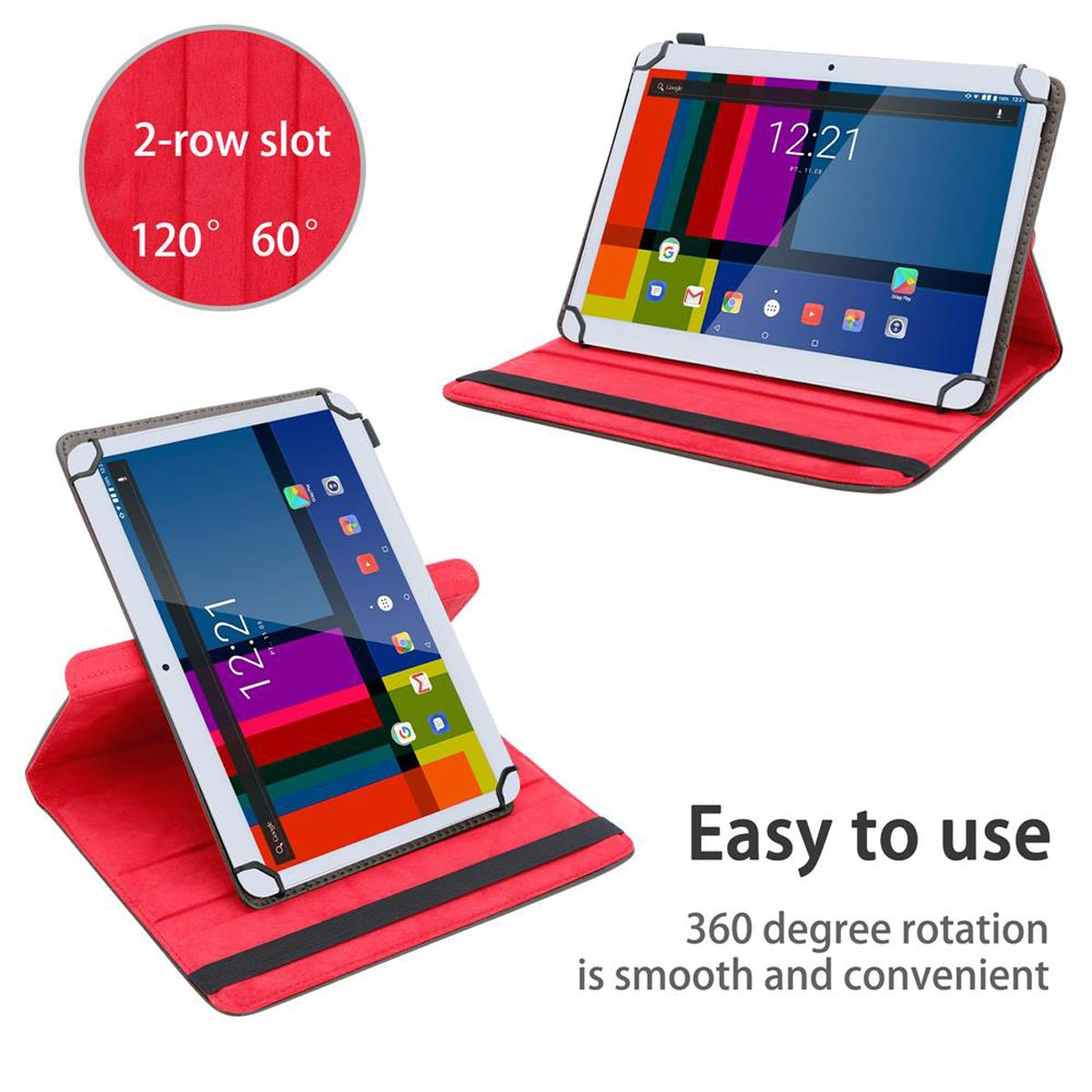 Zwei Tablets mit roten Hüllen. Eines ist geöffnet. Der Text 'Einfach zu bedienen' wird angezeigt.