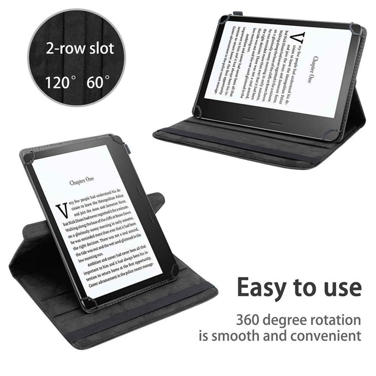Tableta con funda, mostrando texto en la pantalla, y la funda está abierta.