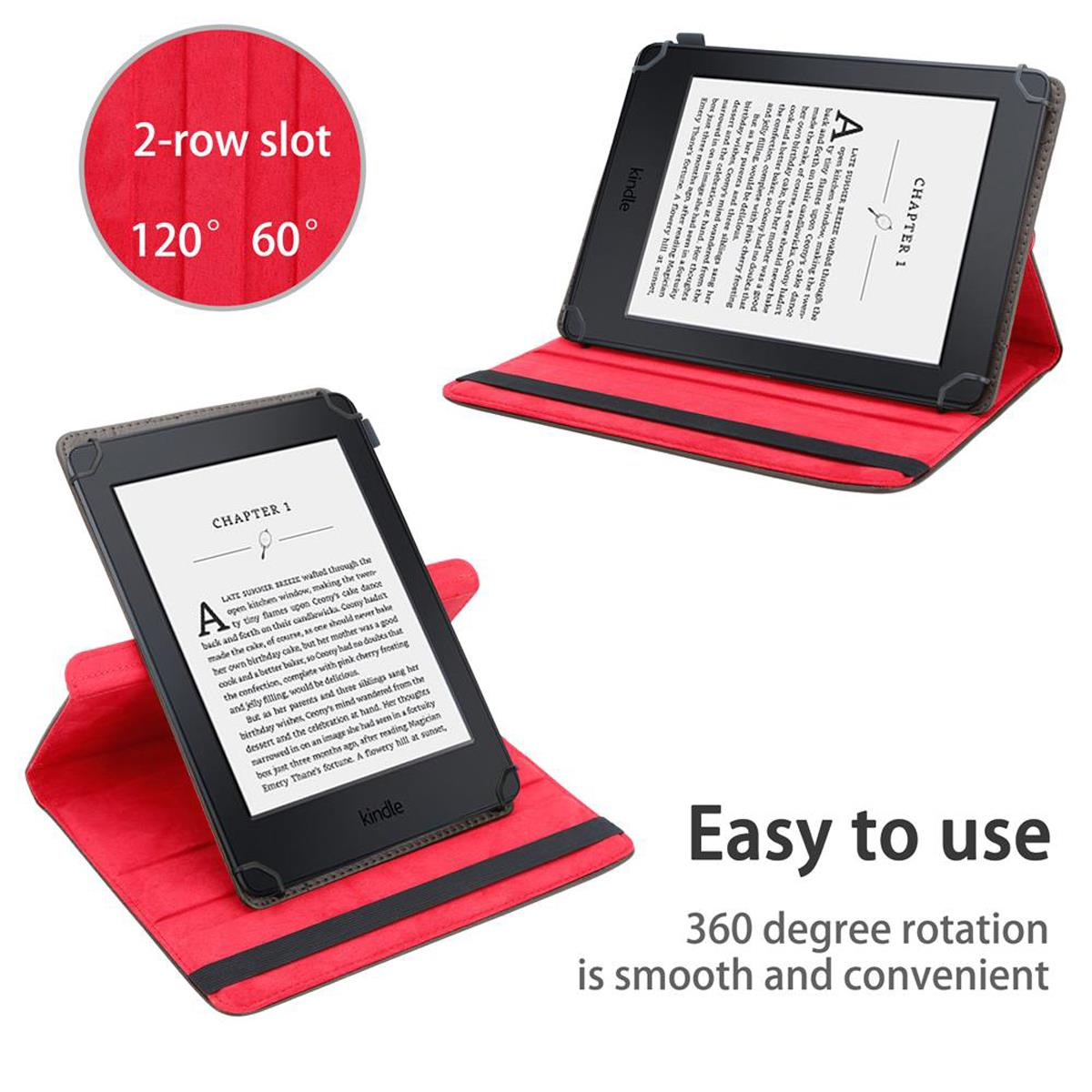 Kindle in una custodia rossa. Il Kindle è aperto, mostrando il testo. Il testo dice 'Facile da usare'.