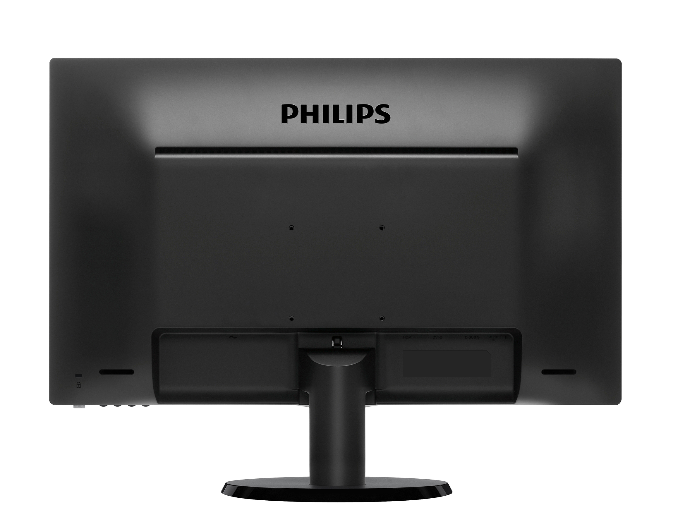 Il retro nero di un monitor Philips con il marchio centrato in alto.
