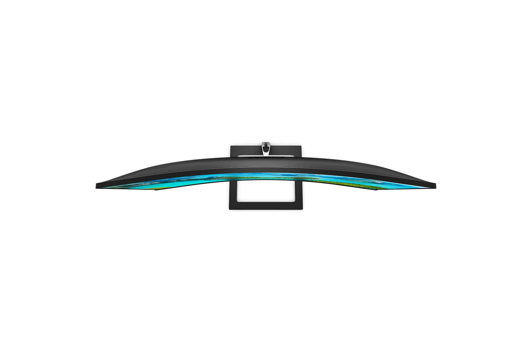 Zakrzywiony czarny monitor komputera, widok z góry, z niebieskimi i zielonymi odbiciami ekranu.