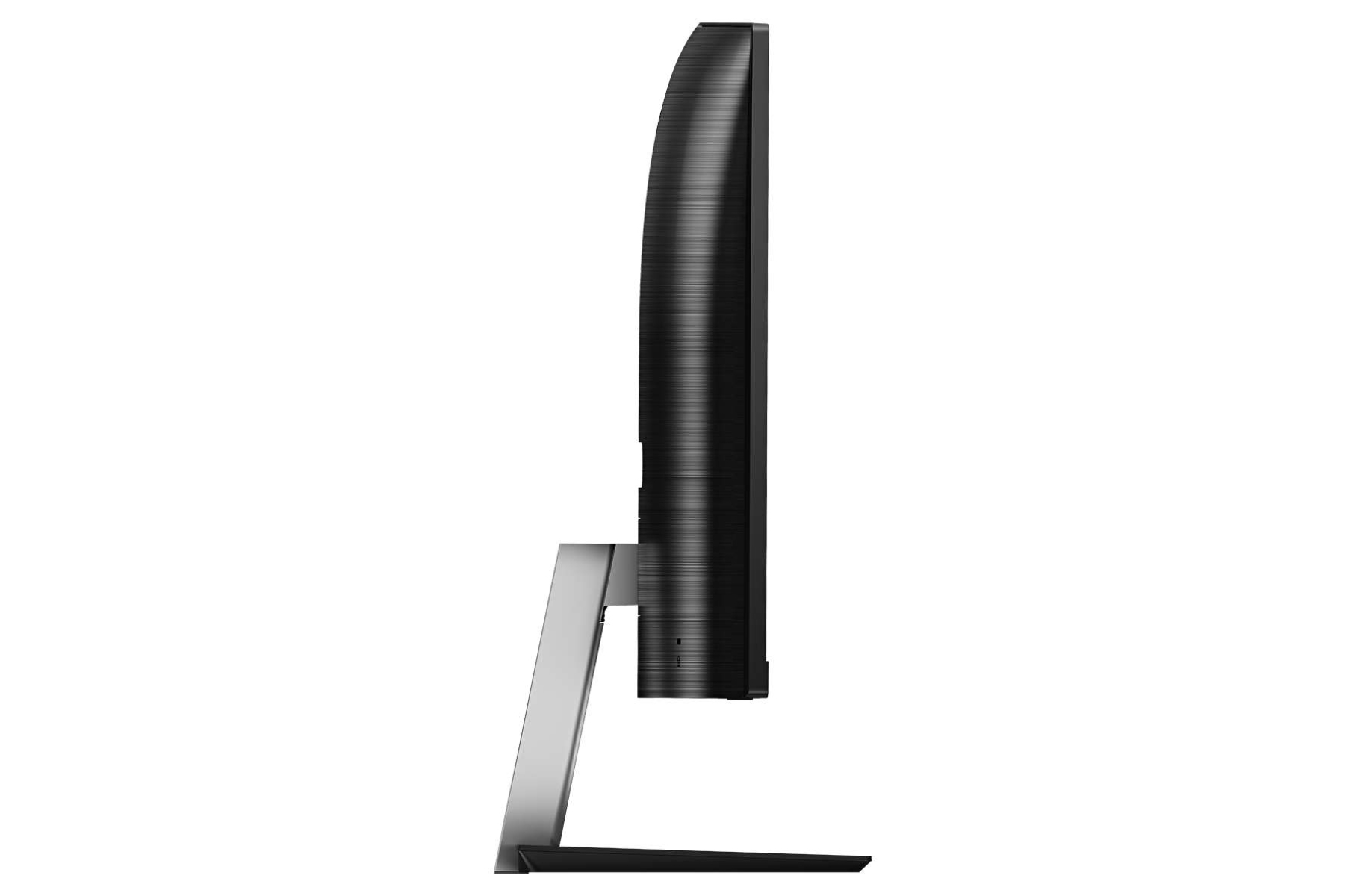 Widok z boku czarno-srebrnego monitora na białym tle.