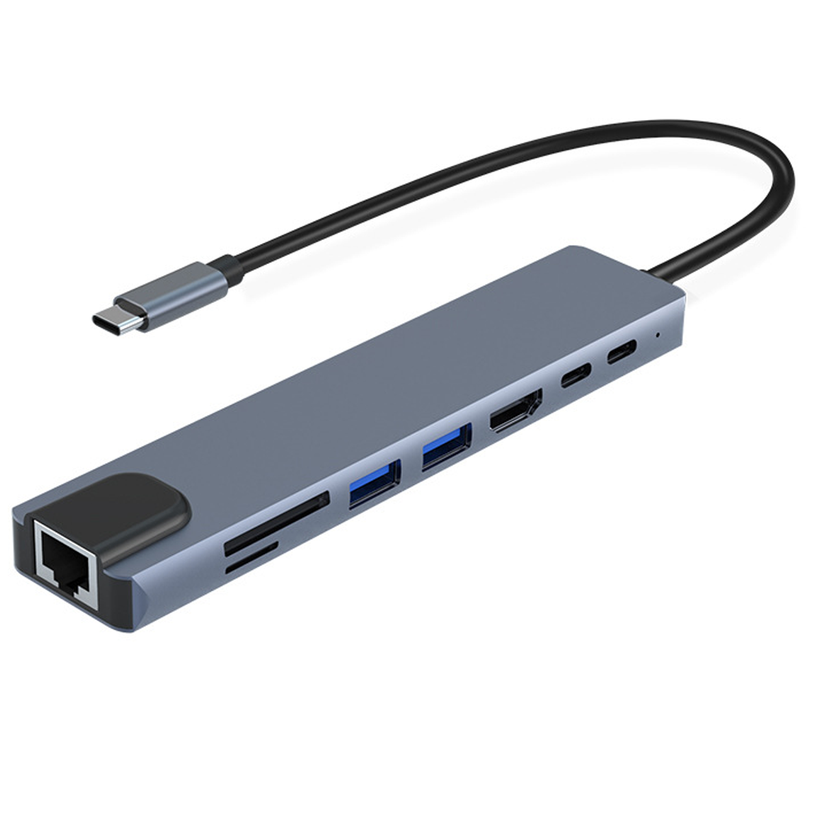 Ein grauer USB-C-Hub mit mehreren Anschlüssen: Ethernet, USB, HDMI und Kartenleser.