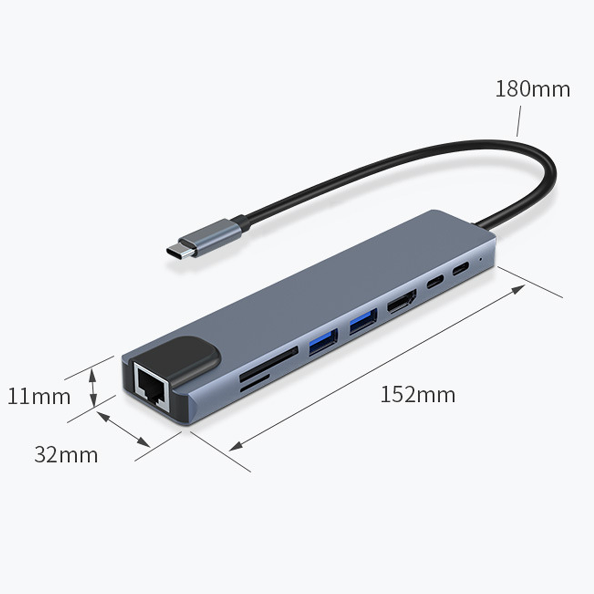 Ein grauer USB-C-Hub mit mehreren Anschlüssen: USB, HDMI und Kartenleser, mit angegebenen Abmessungen.