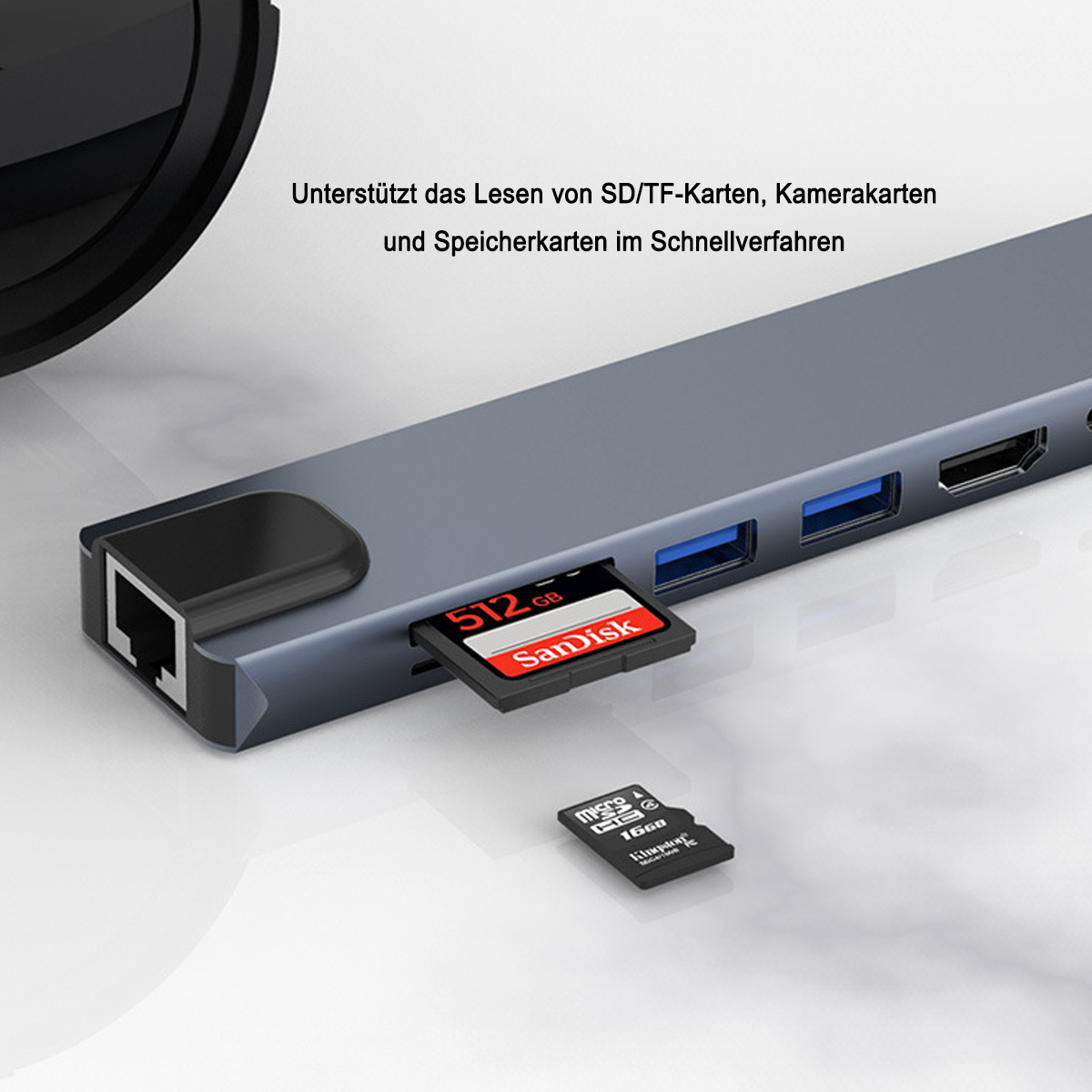 Grauer Hub mit SD-Karte und Micro-SD-Karte eingesetzt. Text: Unterstützt das Lesen von SD/TF-Karten.