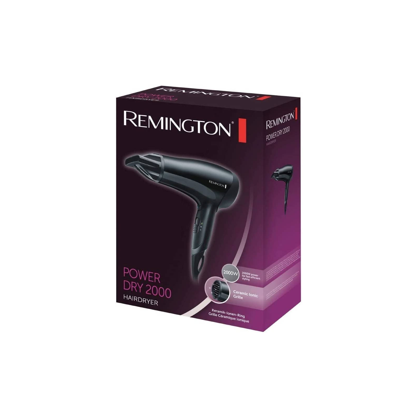 Sèche-cheveux dans une boîte avec la marque "Remington". La boîte est noire et violette.