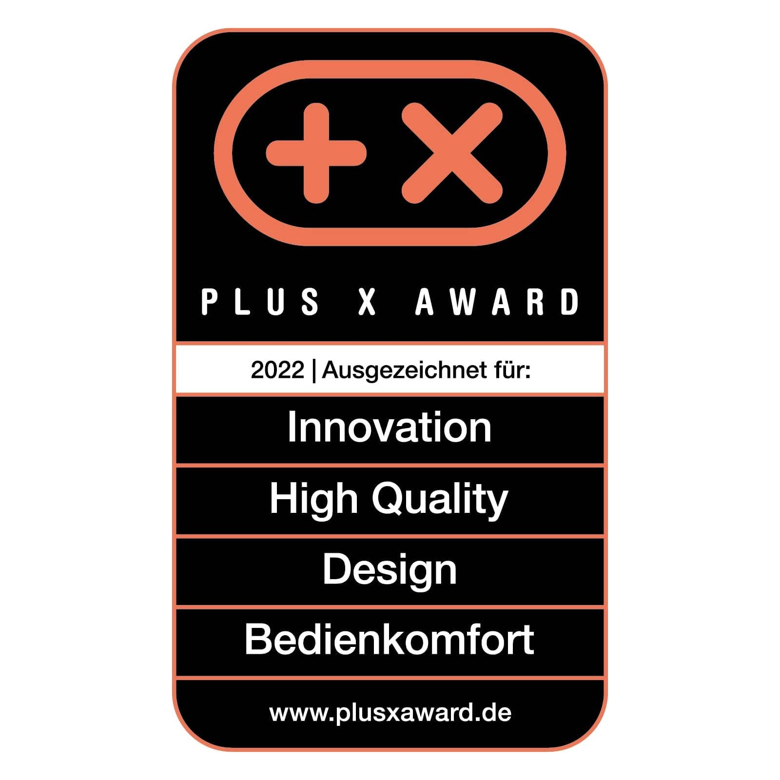 Logo Plus X Award avec texte : Innovation, Haute qualité, Design et Confort d'utilisation.