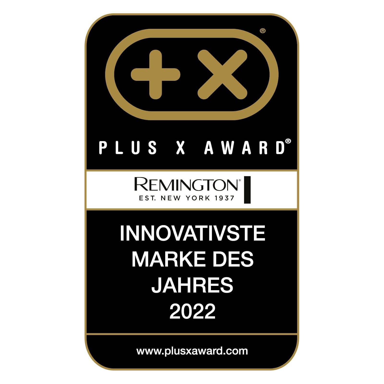 Un prix noir et or. C'est un Plus X Award avec le logo Remington et le texte : 'INNOVATIVSTE MARKE DES JAHRES 2022'.
