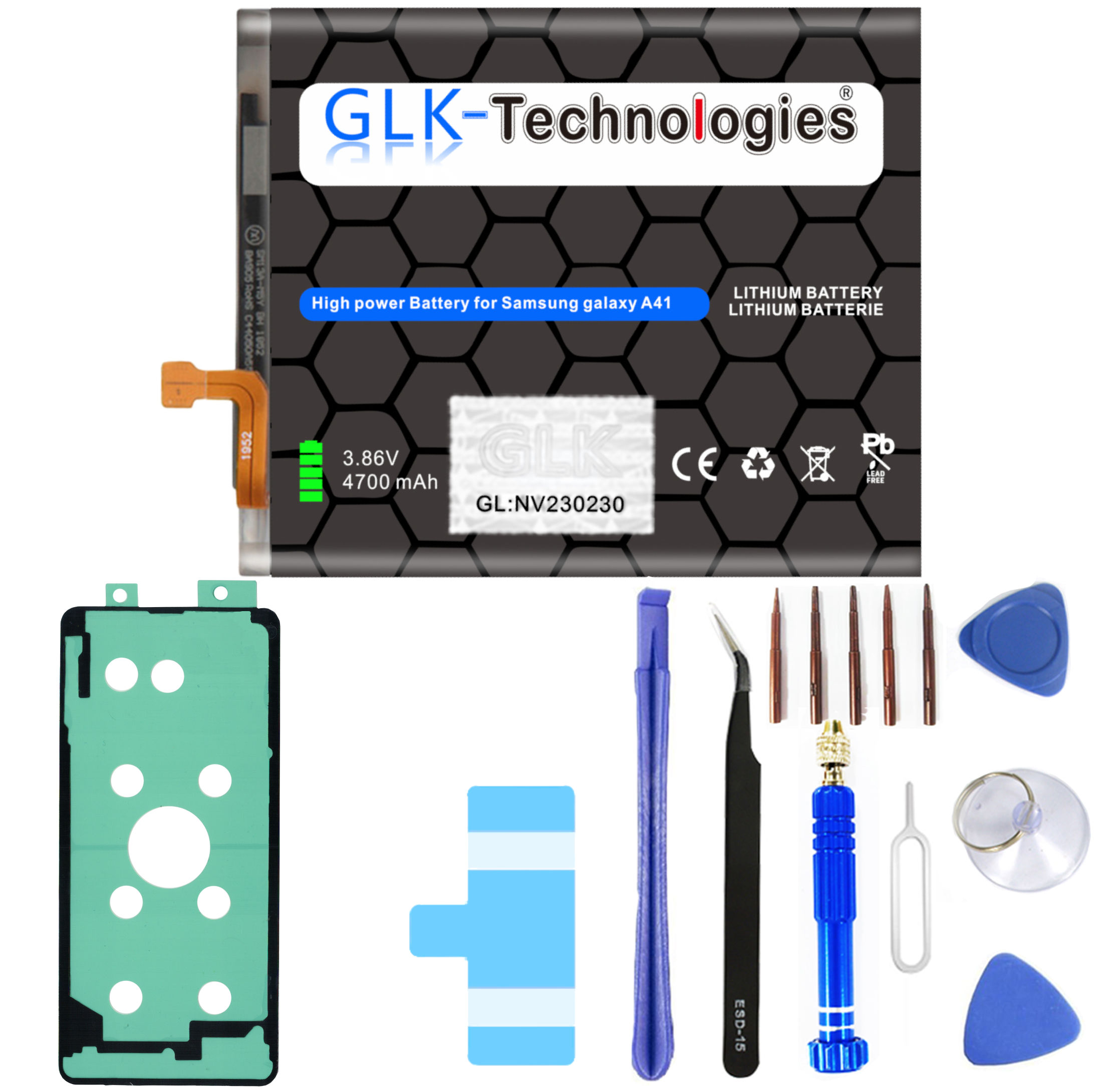 Akku mit Werkzeugen. Weißer Hintergrund. Text: GLK-Technologies, 3,86V, 4700mAh.