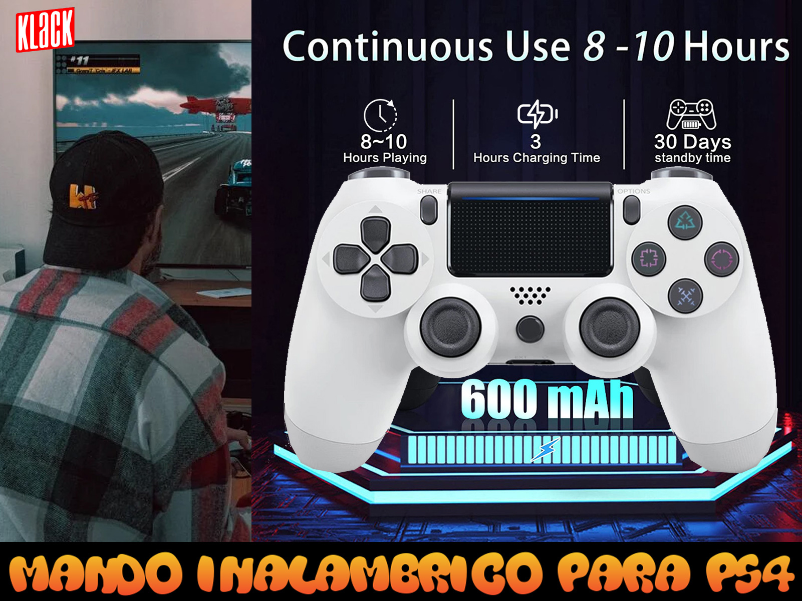 Mando de juego blanco con texto e iconos, fondo blanco, escena de juego en el fondo.