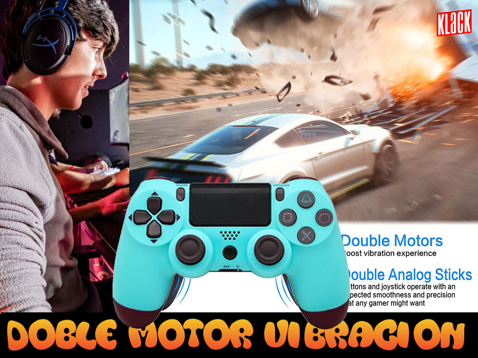 Jugador con auriculares, mando y juego de carreras de coches en pantalla.
