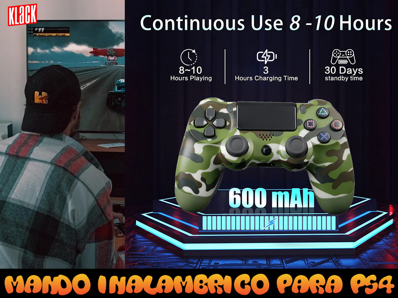 Una persona usa un controlador PS4 de camuflaje. El texto indica batería de 600 mAh, 8-10 horas de uso y 30 días en espera.