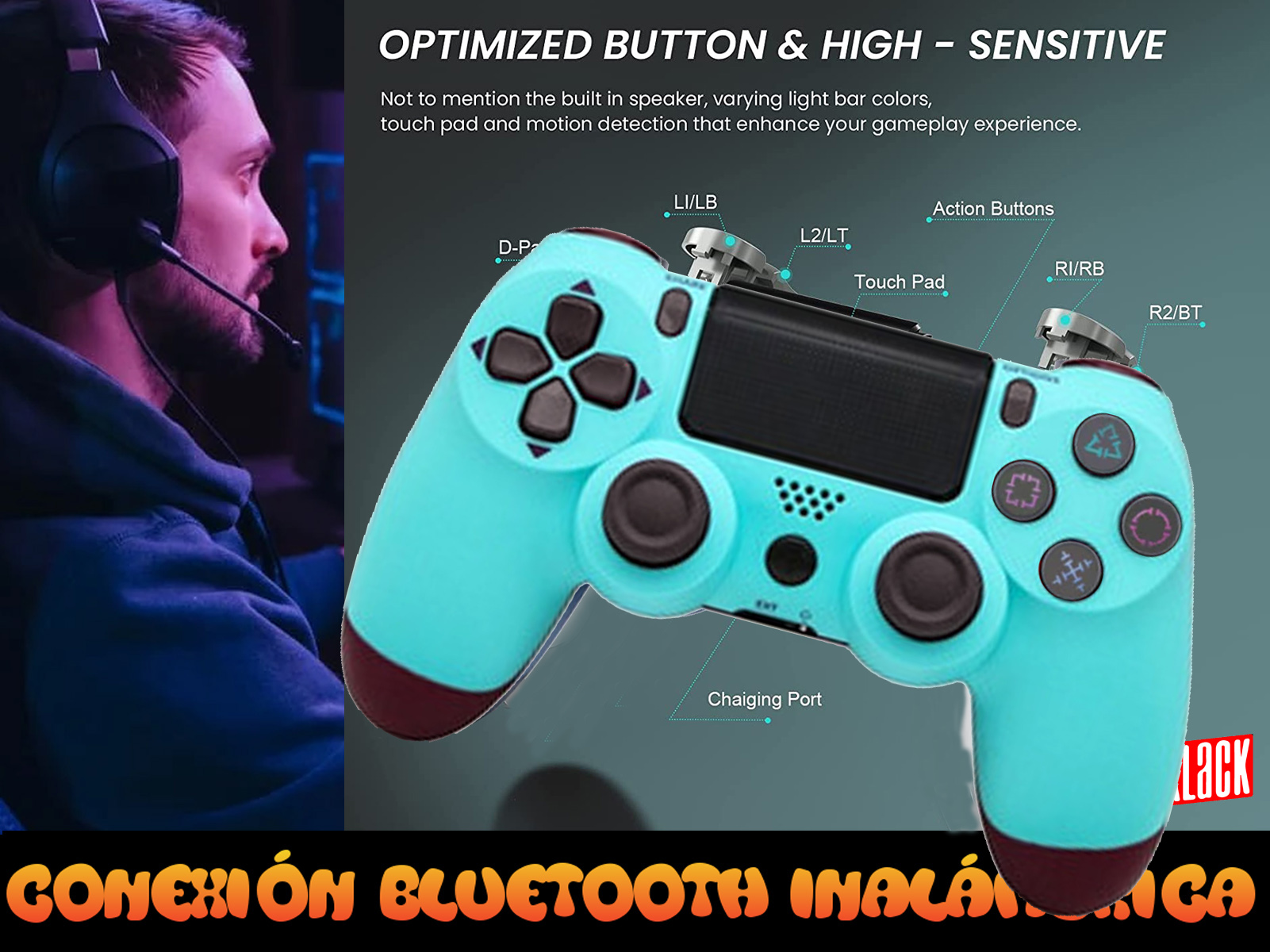 Mando de juegos con botones, puerto de carga y un jugador con auriculares, indicando conexión bluetooth.