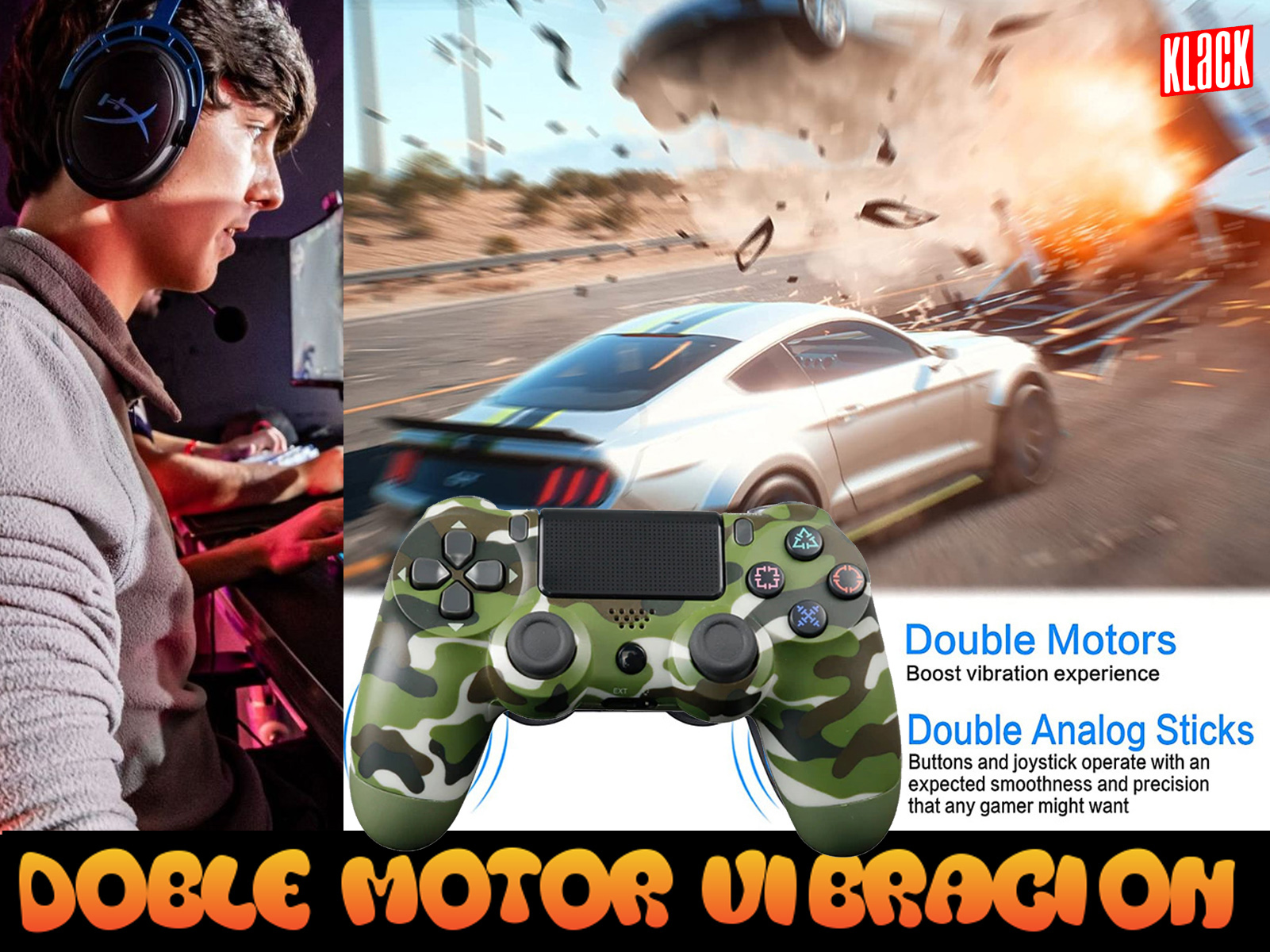 Un jugador con auriculares juega. Un controlador con diseño de camuflaje.