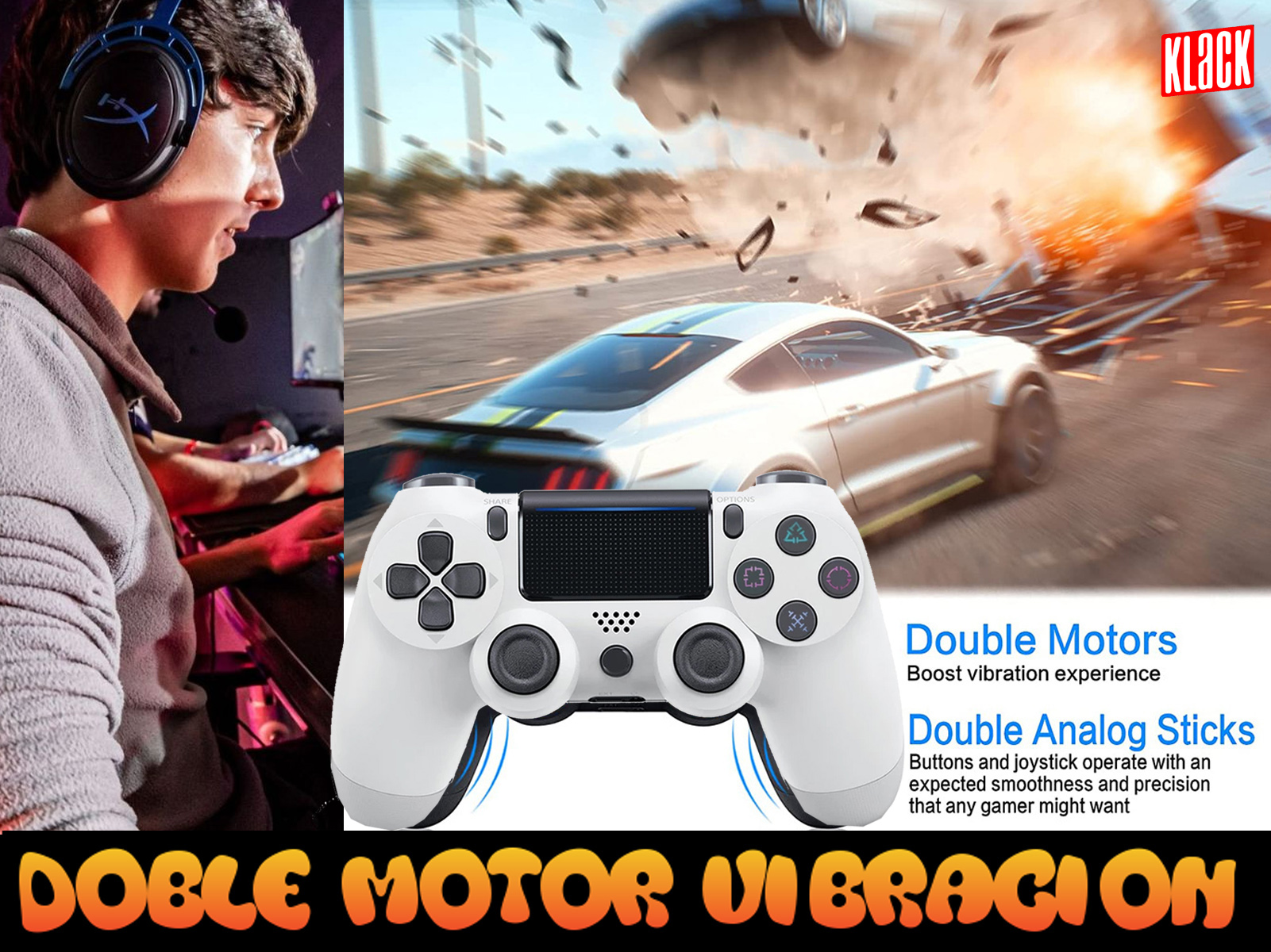 Un jugador con auriculares y mando. Un mando blanco con texto: Dobles motores, Palancas analógicas.