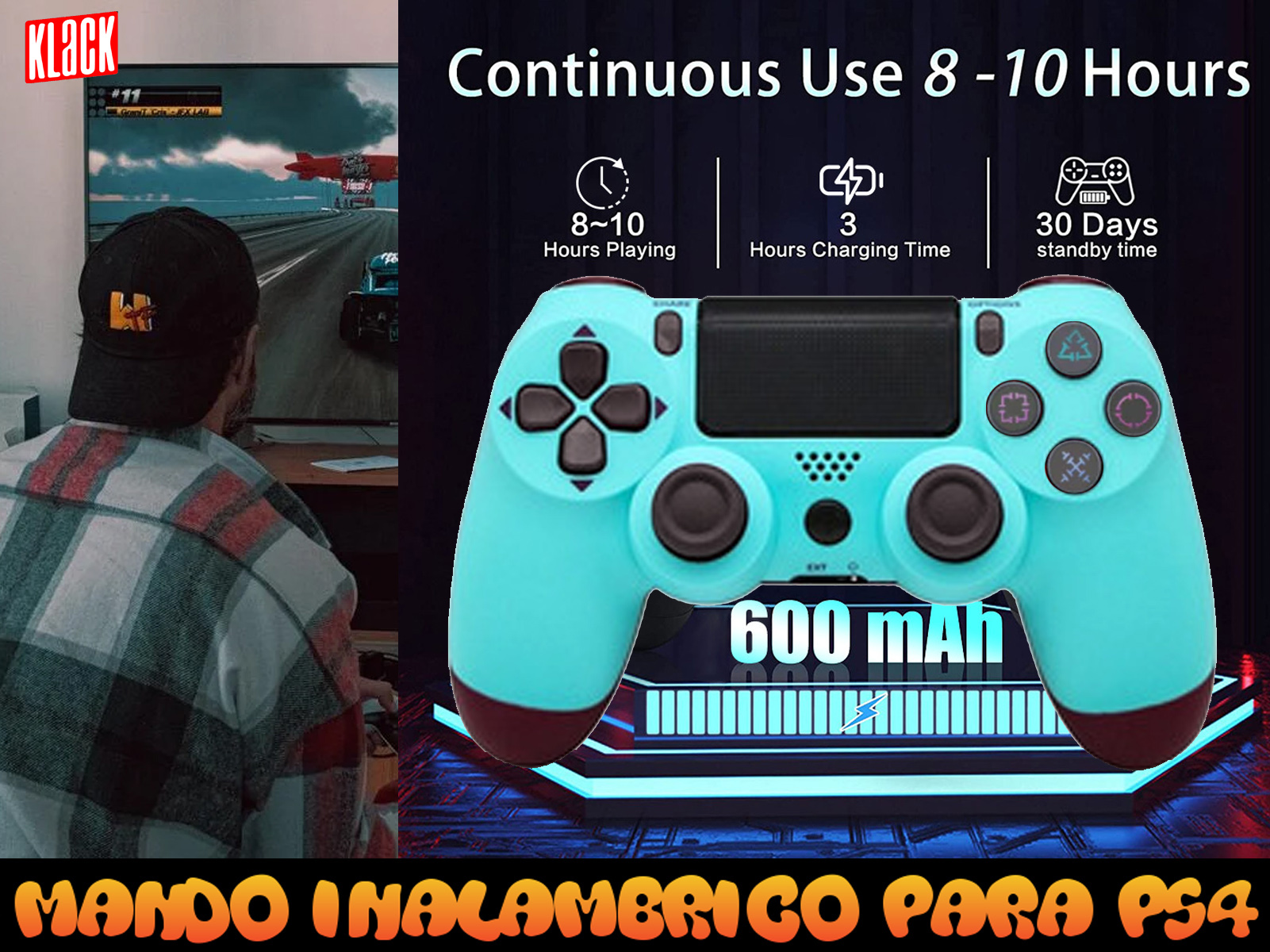 Una persona jugando en una consola con un mando azul. Hay gráficos y textos.