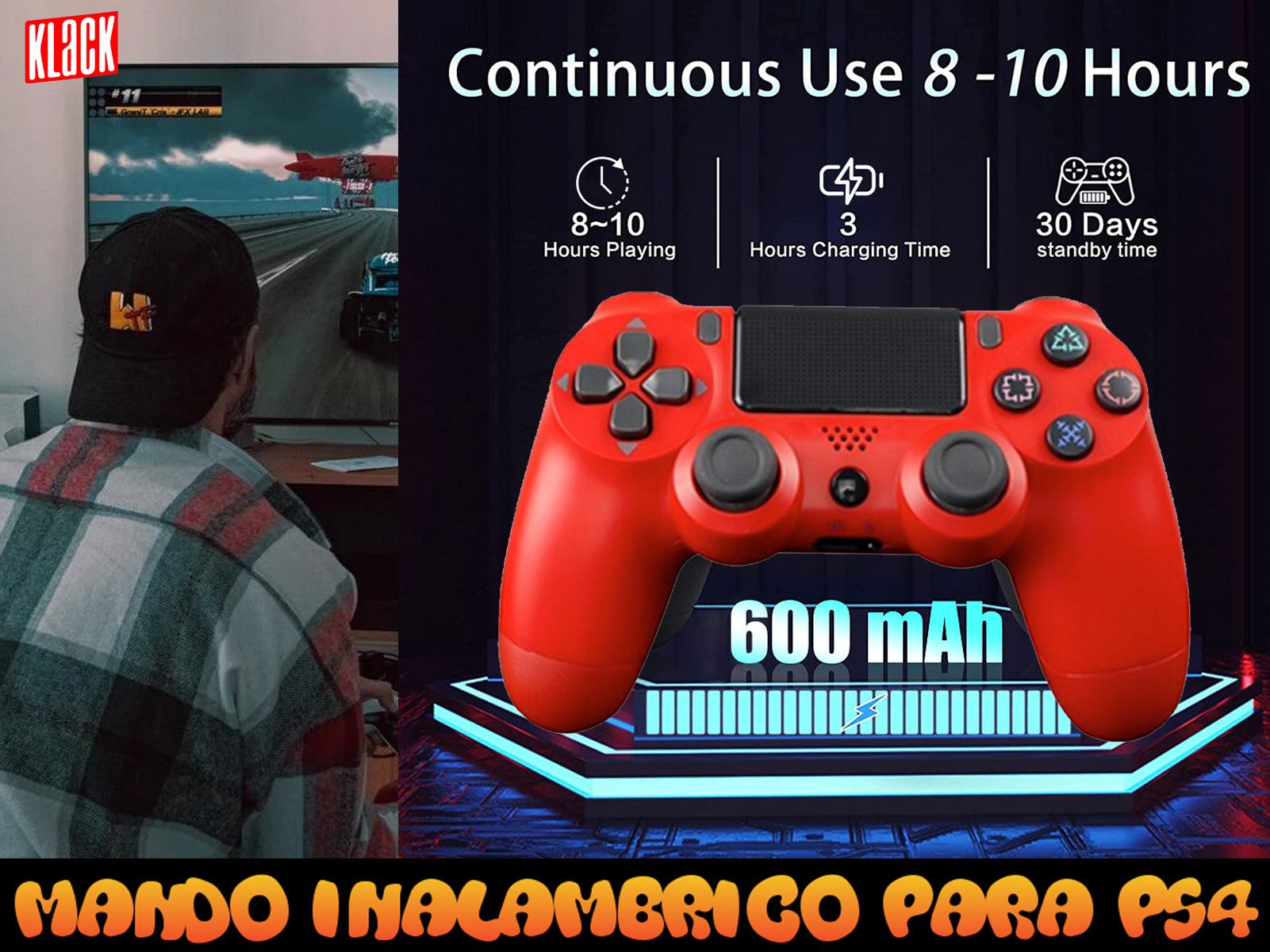 Mando de juego rojo con texto sobre batería, al lado de una persona jugando.