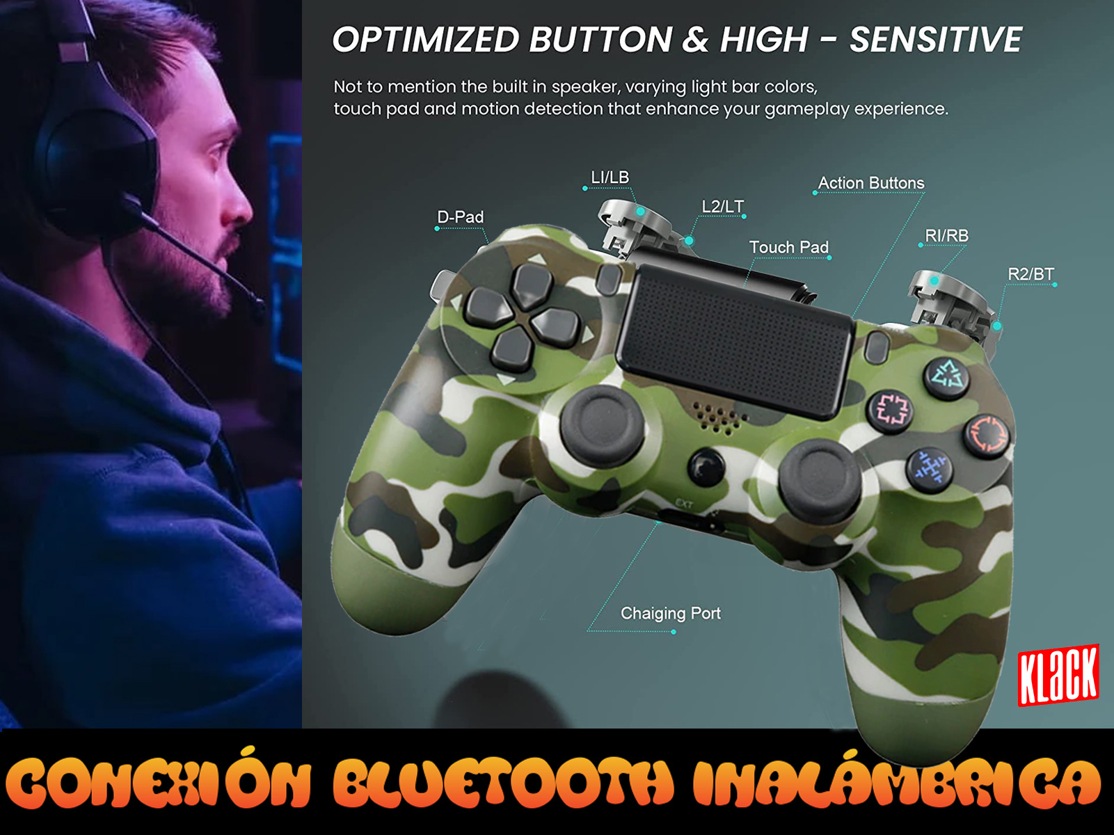 Mando de juego con patrón de camuflaje con botones etiquetados, texto y un jugador en el fondo.