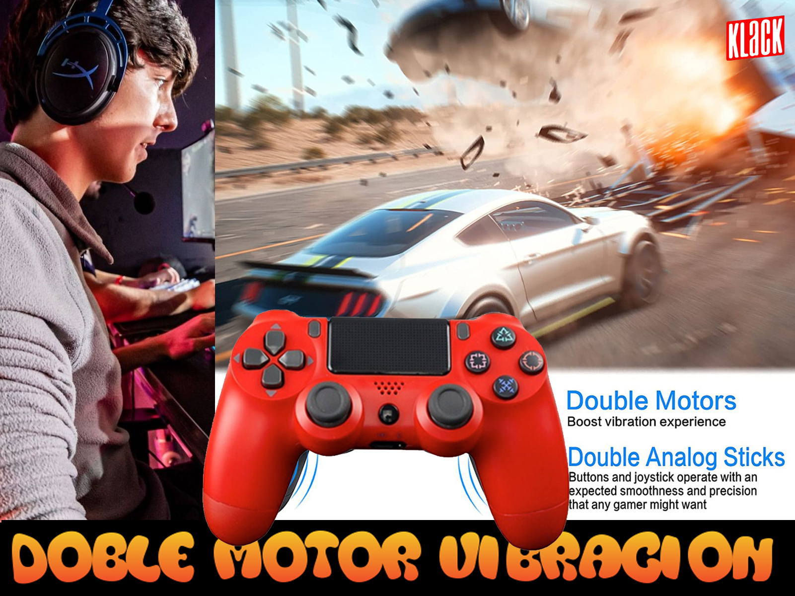 Mando de juego rojo con el texto "DOBLE MOTOR VIBRACION". Un jugador está en el fondo con un juego de coches.