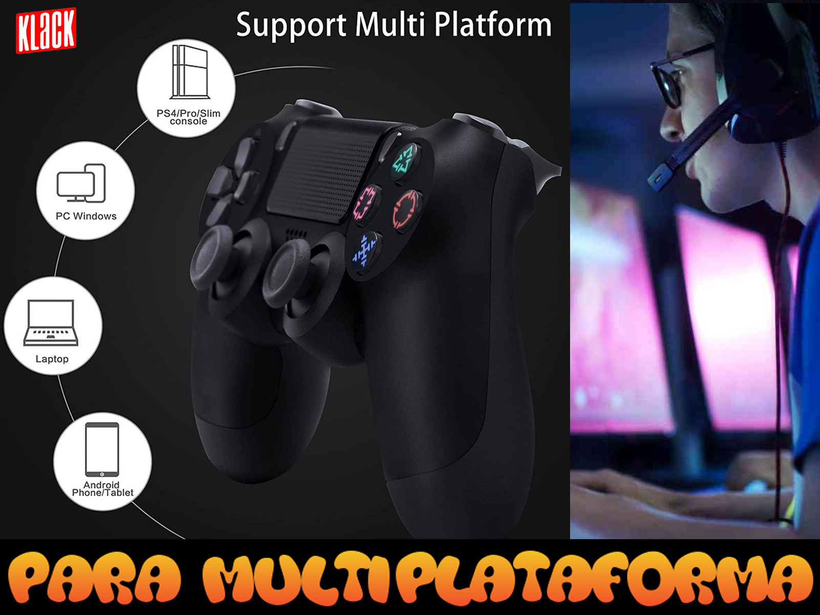 Mando de juego negro con botones. Una persona con auriculares está jugando.