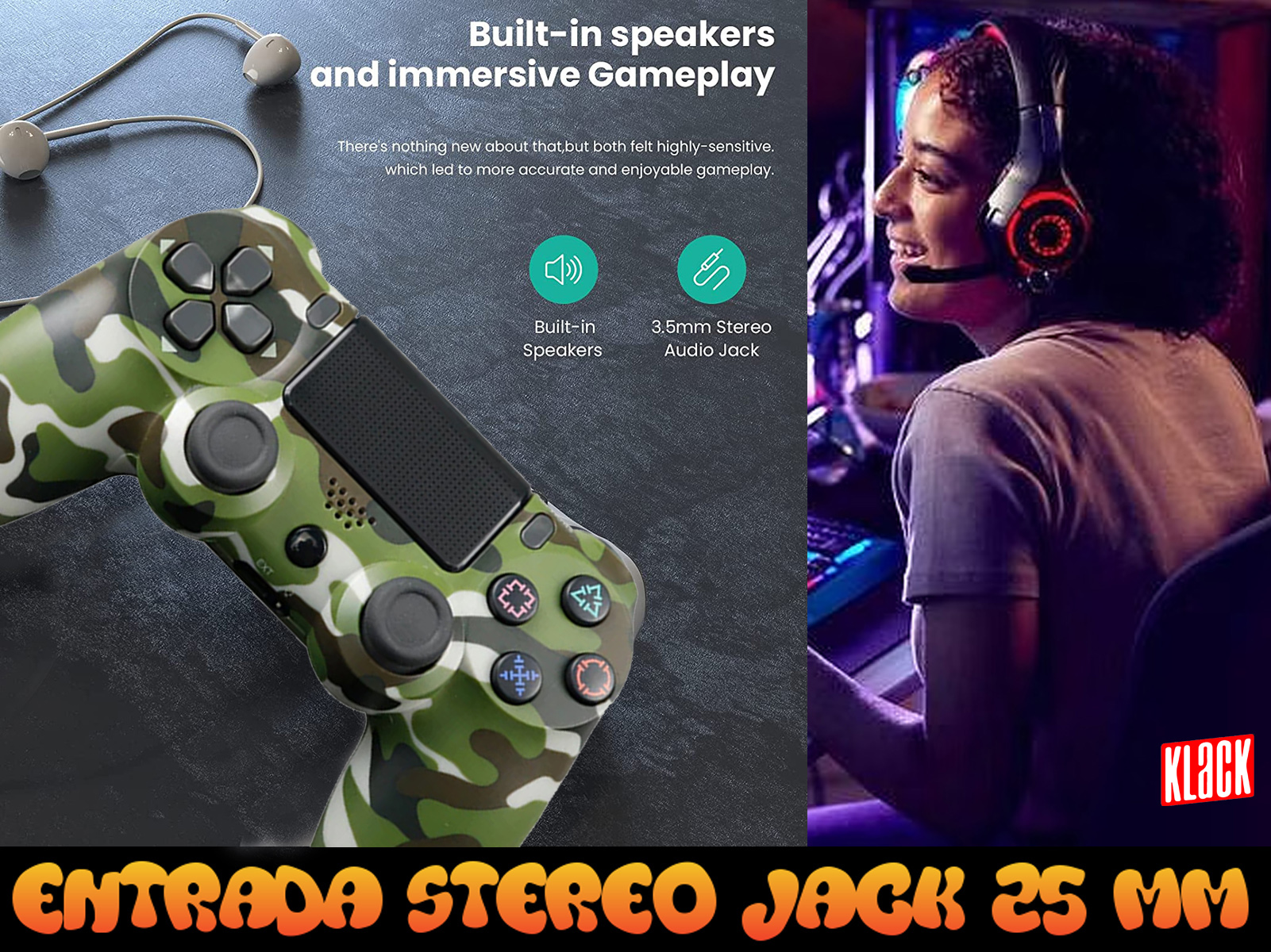 Configuración de juego con un controlador de camuflaje, auriculares y una pantalla.