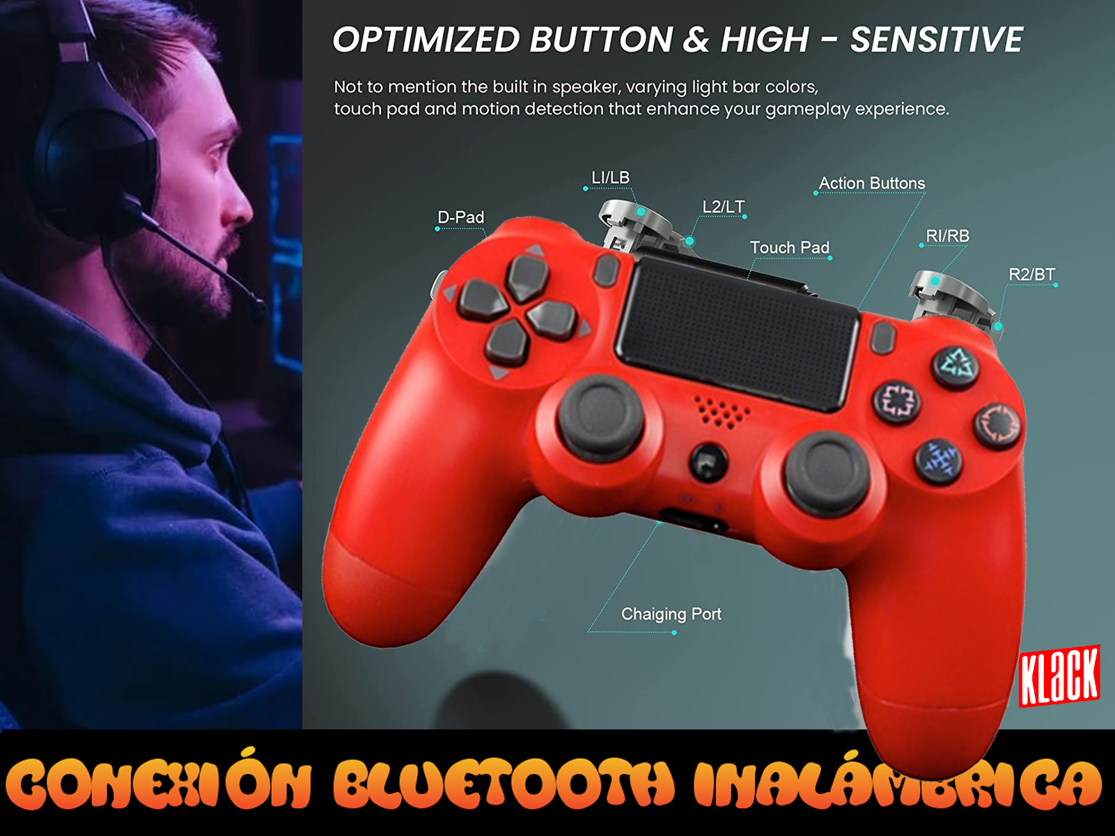 Un mando de videojuegos rojo con etiquetas y una persona con auriculares detrás.
